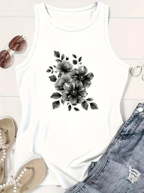 Print Tank Top, Casual Crew Neck Sleeveless Summer Tank Top, Women's Clothing