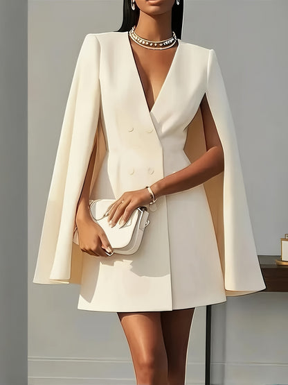 [Spring & Summer Party] Women's Elegant Solid Color V Neck Double-Breasted Cape Blazer Dress Spring & Summer Party Banquet Outfit 2pcs Outfits for Women Elegant Classy