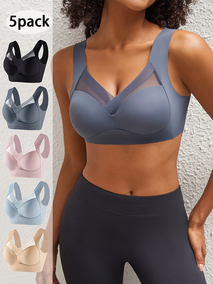 5pcs New Seamless Wireless Full Coverage Women'S Bras, Mature Solid Color, High Support, Comfortable And Breathable Back, Fabric with Mesh Details, Non Removable Pads - Perfect for Spring Festival And Mother'S Day!