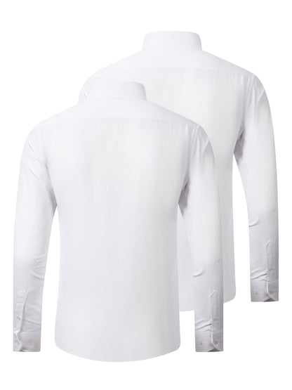 2pcs Men's Long Sleeve Dress Shirts - Elegant White, Stretchy Fabric, Business Casual, Unwrinkled, Single-Breasted with Lapel Collar, All-Season Wear, Casual Attire|Elegant Lapel Shirt|Stretchy Fabric