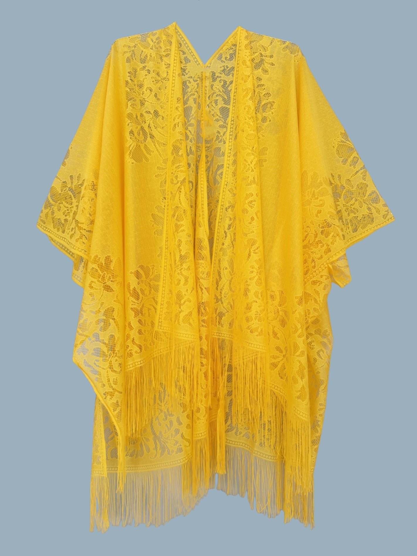 Woman's Plus Size Boho Cover Up, Lace Kimono, Women's Plus Floral Lace Batwing Sleeve Cover-Up, Open Front Tassel Trim Kimono, Lightweight Beach Cover Up