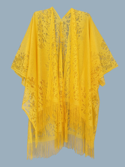 Woman's Plus Size Boho Cover Up, Lace Kimono, Women's Plus Floral Lace Batwing Sleeve Cover-Up, Open Front Tassel Trim Kimono, Lightweight Beach Cover Up