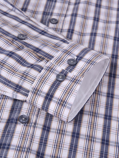 Men's Navy Blue & White Plaid Cotton Long-Sleeve Shirt - product view 16
