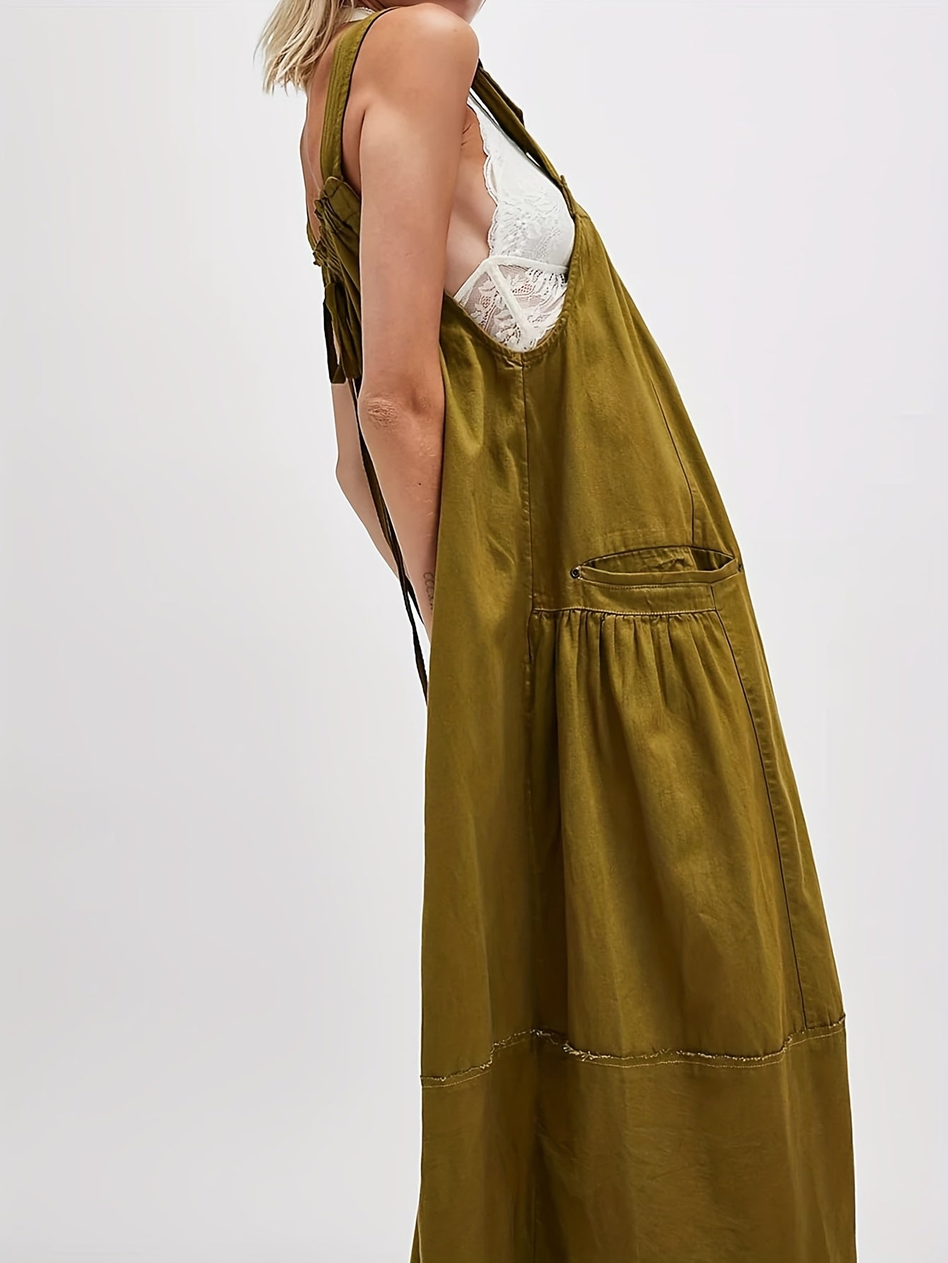 [Loose Midi Dress] Women's Loose Adjustable Strap Midi Overall Dress with Big Pockets in Workwear Style