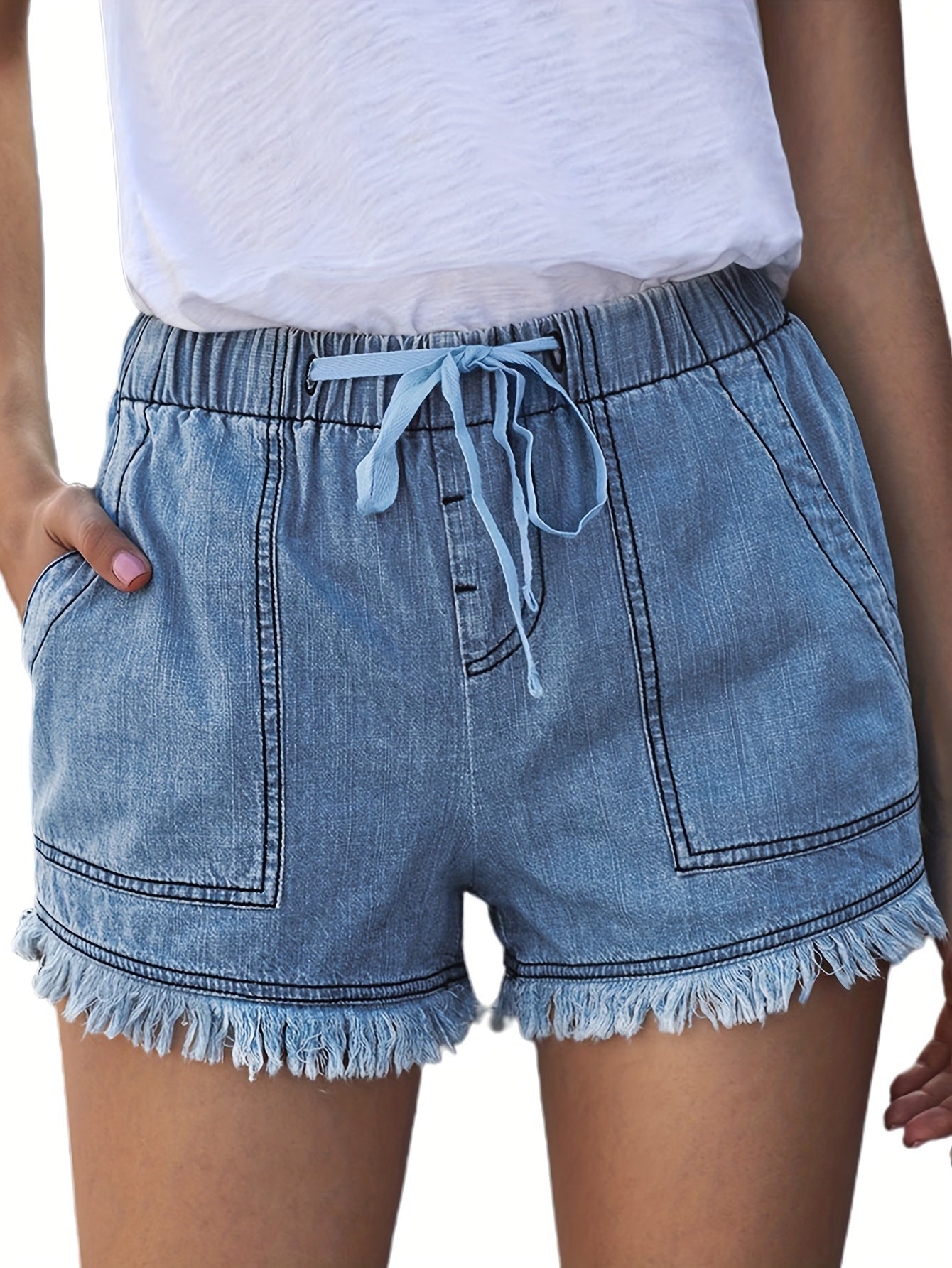 Women'S Casual Fashion Drawstring Elastic Waist Denim Shorts with Frayed Hem, Summer Comfort Fit Jean Shorts
