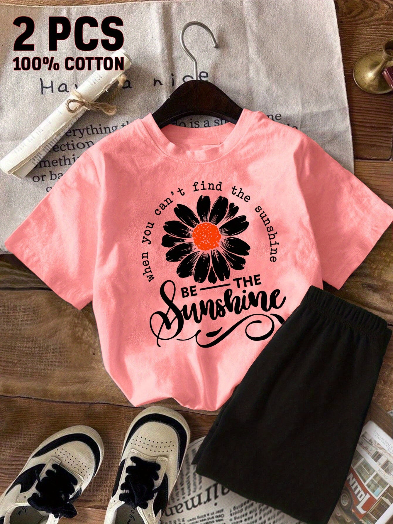 2pcss New Summer Girl When You Can'T Find The Sunshine, Be The Sunshine Short-Sleeved 100% T-Shirt And Shorts 2pcs Set Perfect for Outdoor Activities