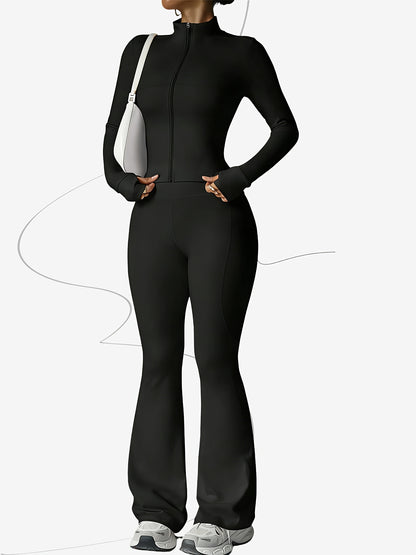 Zippered Long-sleeved Top with Flared Pants Set - Fashionable And Elegant Women's Outfit for Daily Casual Wear, And S. Available In Black, Gray And Beige Colors. Women's Tight Casual Outdoor Attire.