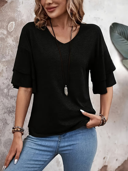 Vibrant Flare Sleeve V-Neck T-Shirt - Stylish Tiered Top with Relaxed Fit, Soft Solid Color Fabric, Perfect for Spring And Summer, Women's Casual Clothing