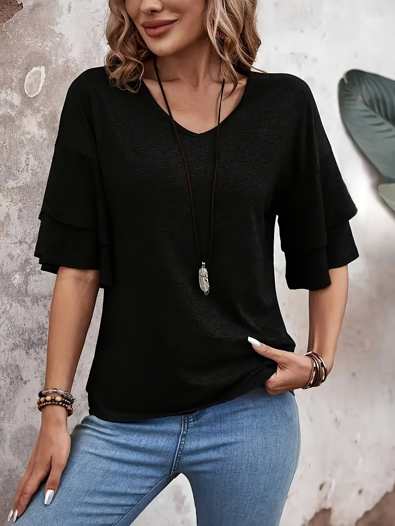 Vibrant Flare Sleeve V-Neck T-Shirt - Stylish Tiered Top with Relaxed Fit, Soft Solid Color Fabric, Perfect for Spring And Summer, Women's Casual Clothing