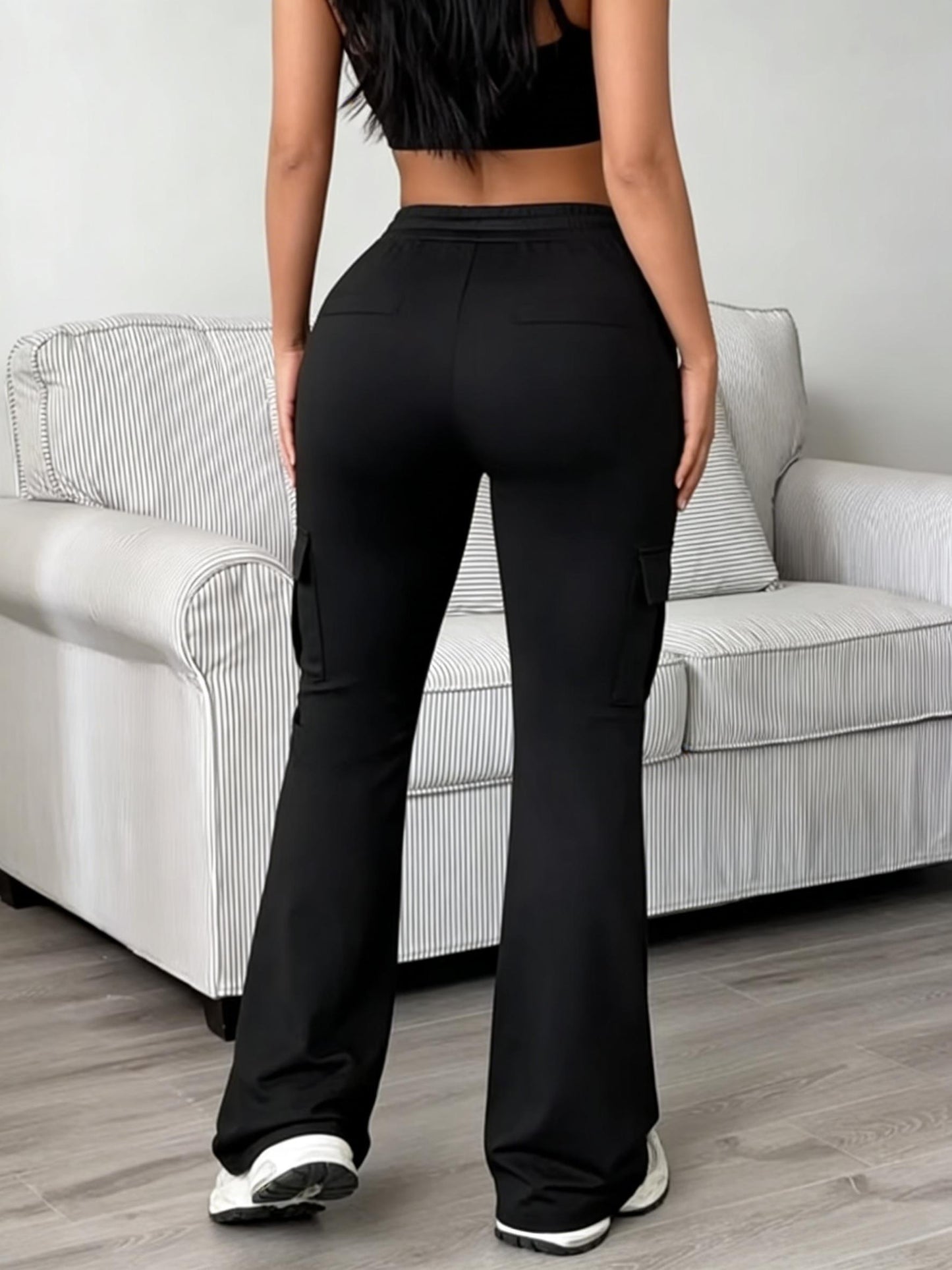 Women'S Solid Color Casual Drawstring Wide-Leg Sweatpants With Pockets, Elastic Waist Micro Flare Cargo Pants, Stretchy Pants For Daily Casual & Wear