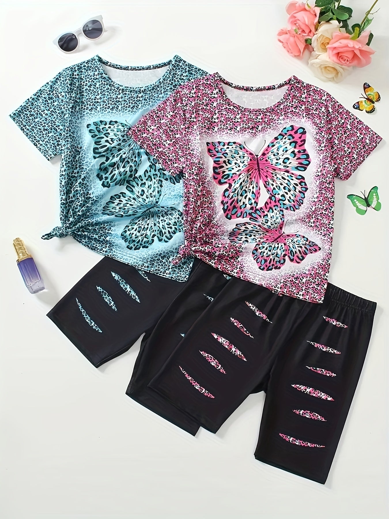 Set of 4 Girls' Outfits for Spring And Summer Featuring Butterfly And Leopard Print Short-Sleeve Tops Paired with Slim-Fit Shorts. Made from a Machine-Washable, These Clothes Are Perfect for Everyday Wear And Activities, for Outdoor