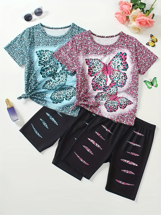 Set of 4 Girls' Outfits for Spring And Summer Featuring Butterfly And Leopard Print Short-Sleeve Tops Paired with Slim-Fit Shorts. Made from a Machine-Washable, These Clothes Are Perfect for Everyday Wear And Activities, for Outdoor