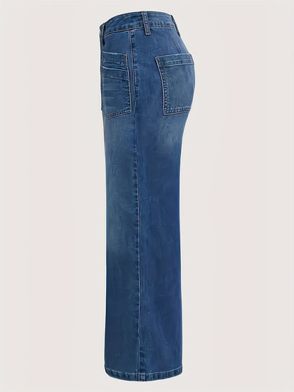 1pc Blue Women'S Plus Size Loose Fit, Versatile Multi-Pocket Washed Denim Wide-Leg Stretch Denim Jeans