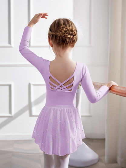 Girls' 2pcs Ballet Leotards Long Sleeve Cross-Back Dance Leotard with Detachable Shiny Skirt, Stretchy Polyester Dance Dress for Parties, Birthdays & Sports Events, Perfect for Outdoor, All Seasons, Gift for Back-to-School Season, Beach Essentials