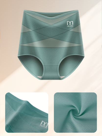 4pcs of high-waist Women's panties designed for postpartum tummy tuck, hip lifting, and shaping. Featuring cross belt splicing, they offer comfort and breathability, making them suitable for home, work, and adjustable high-waisted comfort.