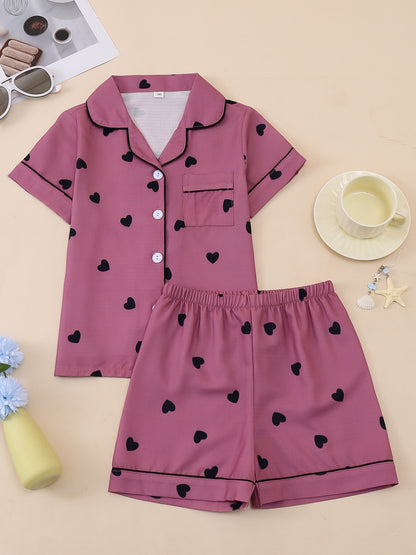 Random 1 Set!Girls' Lapel Pajama Set, Short-Sleeve Top And Elastic-Waist Shorts, Taro Purple Hearts, Light Pink Hearts, White with Teddy Bears And Bows, Pink with Black Hearts. Soft, Skin-Friendly Bubble Crepe for Cozy Home Wear