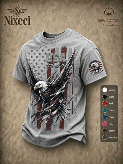 Nixeci 180G Pure T-Shirt Men'S Summer Loose Fit Crewneck Short Sleeve Vintage Patriotic American Flag Bald Eagle Graphic Print Independence Day Daily Casual Outdoor Tee