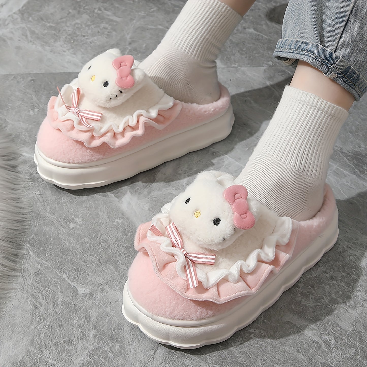 [Valentine's Day Gifts] Kawaii Hello Kitty Plush Slippers - Cute Y2K Cartoon Clothing Shoes with Non-Slip PVC Sole, Soft Padded & Hello Kitty Face/Hands for - Indoor/Bedroom Wear (Size Up for), Valentine's Day Gifts, Women Shoes