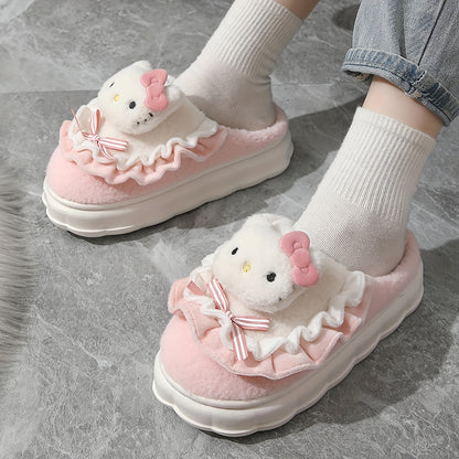 [Valentine's Day Gifts] Kawaii Hello Kitty Plush Slippers - Cute Y2K Cartoon Clothing Shoes with Non-Slip PVC Sole, Soft Padded & Hello Kitty Face/Hands for - Indoor/Bedroom Wear (Size Up for), Valentine's Day Gifts, Women Shoes