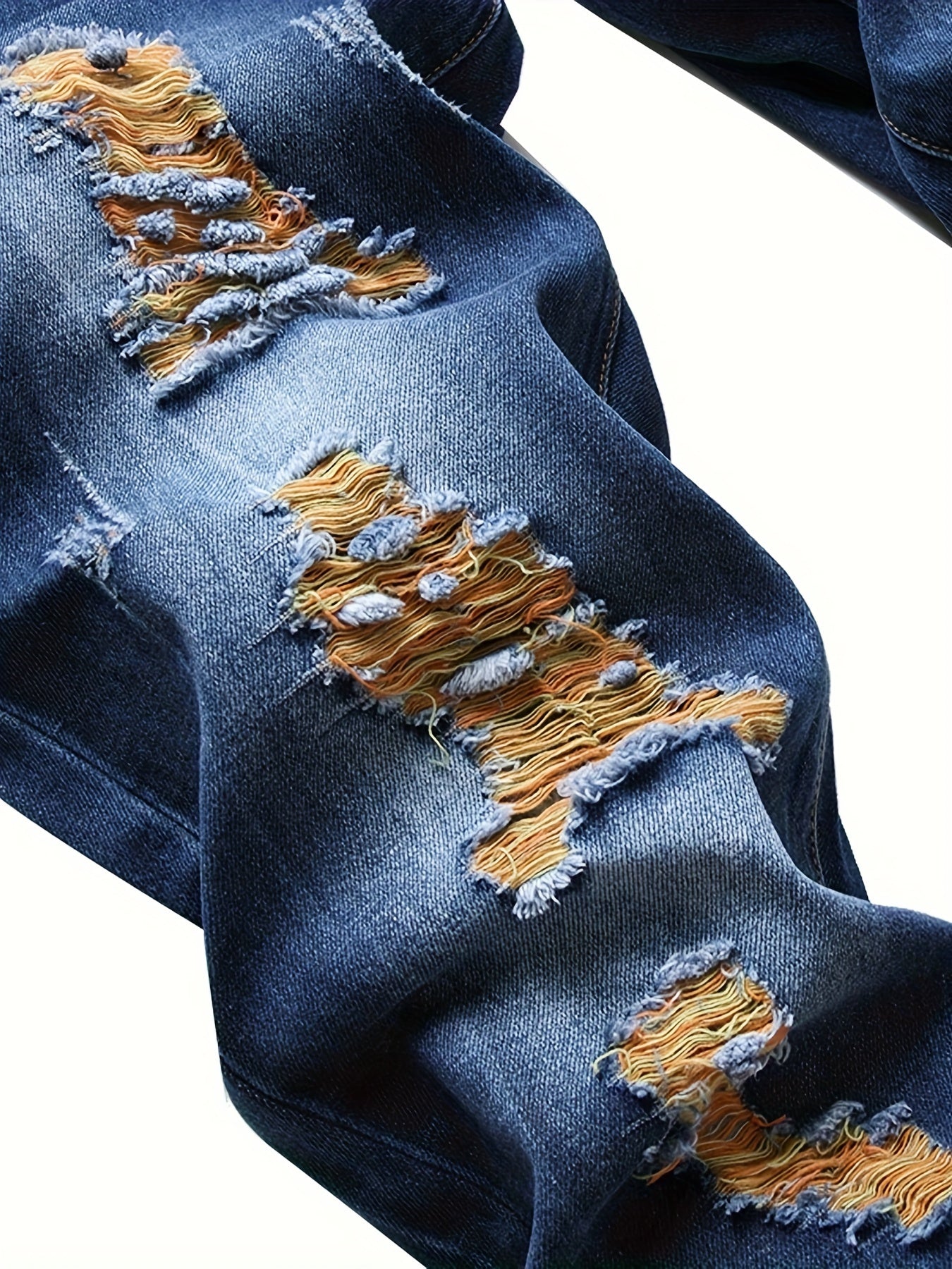Men's Slim Fit Distressed Jeans - Straight Leg Ripped Denim Pants, Street Style, Blue Denim with Golden Thread Details, Machine Washable, Comfortable & Stylish for Casual Attire, Casual Everyday Jeans | Stylish Casualwear | Jeans
