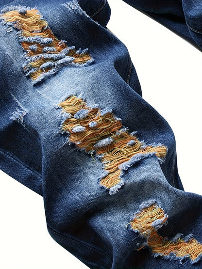 Men's Slim Fit Distressed Jeans - Straight Leg Ripped Denim Pants, Street Style, Blue Denim with Golden Thread Details, Machine Washable, Comfortable & Stylish for Casual Attire, Casual Everyday Jeans | Stylish Casualwear | Jeans