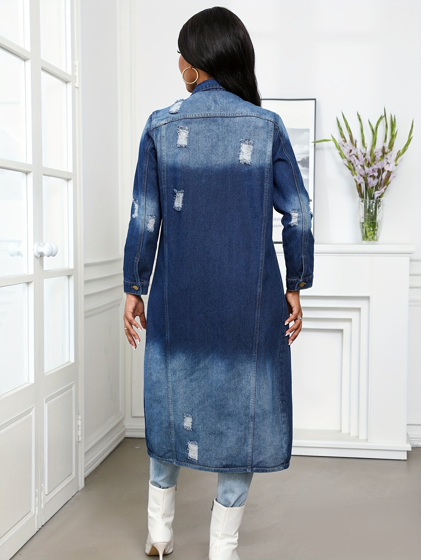 Long Denim Coat with Worn Holes Long Denim Trench Coat for Women