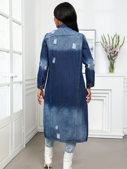 Long Denim Coat with Worn Holes Long Denim Trench Coat for Women