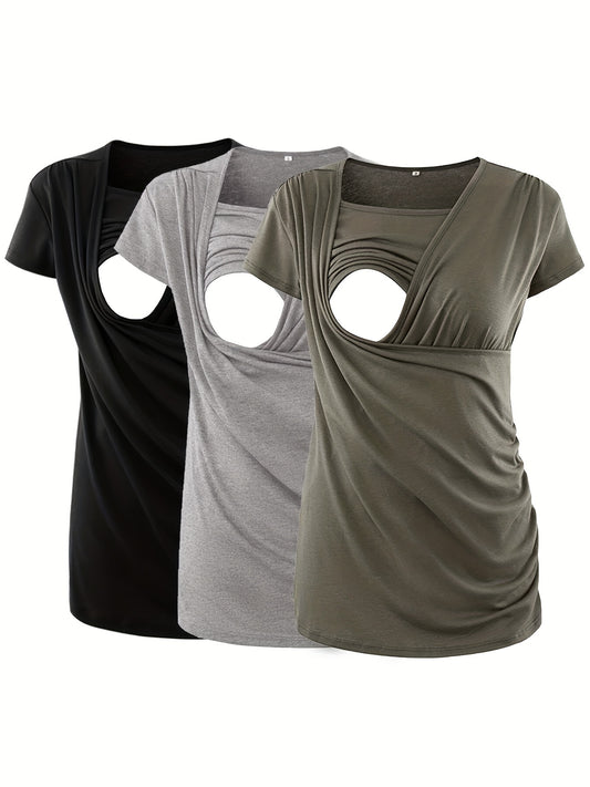 Set of 3 Women'S Short Sleeve Maternity Tops with Side Ruching for Breastfeeding