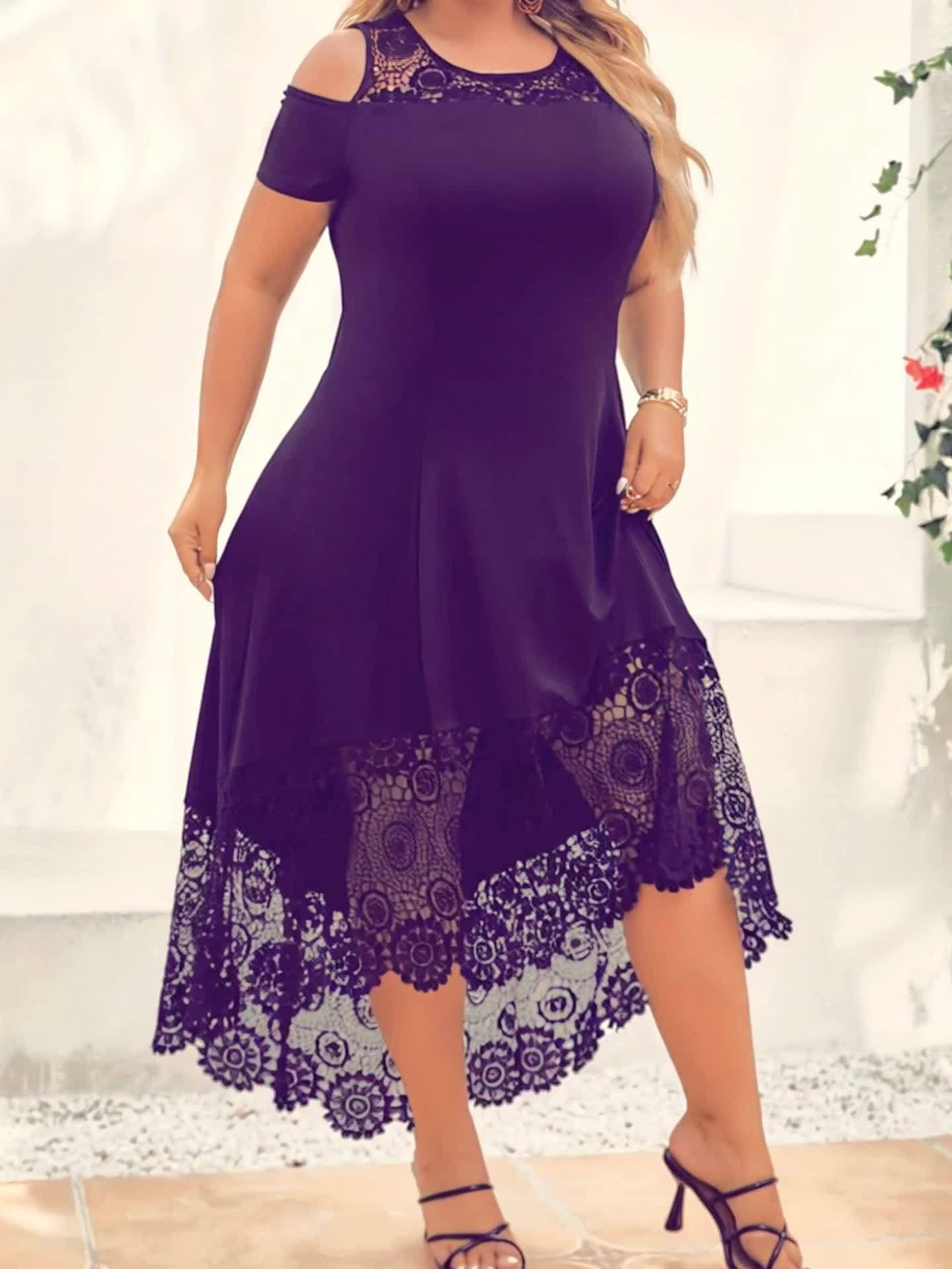 Women'S Plus Size Ruffle Dress for Spring and Summer, Color Block Lace Cold Shoulder Design with Medium Stretch and Asymmetrical Hem