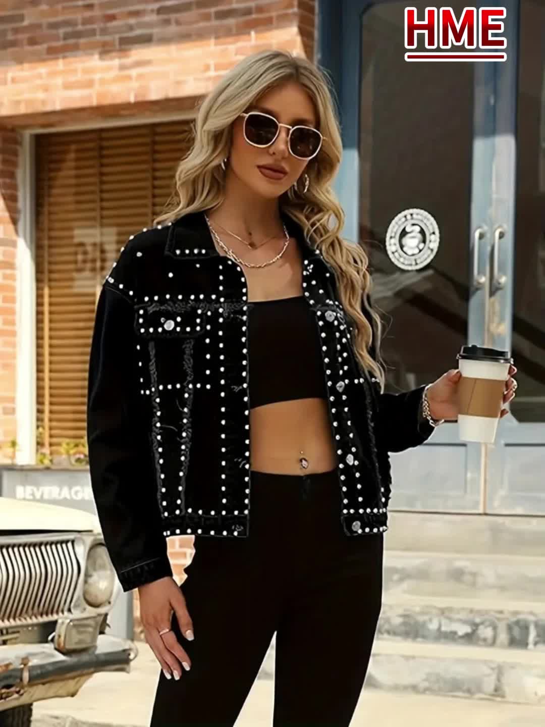 HME Autumn/Winter New Arrival - Studded Designer Women's Denim Jacket, Classic Colors, Non-Stretch Fabric Loose Fit, Comfortable and Elegant, All-Season Wear, Simple and Stylish Trendy Denim Biker Jacket, Heavy-Duty Washed Fabric, High Content
