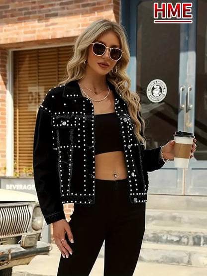 HME Autumn/Winter New Arrival - Studded Designer Women's Denim Jacket, Classic Colors, Non-Stretch Fabric Loose Fit, Comfortable and Elegant, All-Season Wear, Simple and Stylish Trendy Denim Biker Jacket, Heavy-Duty Washed Fabric, High Content