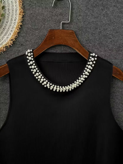 [Plus Size Tank Top] Plus Size - Ladies' Spring/Summer Fashion Nail Bead Solid Color Sleeveless Tank Top Elegant Breathable Large Top