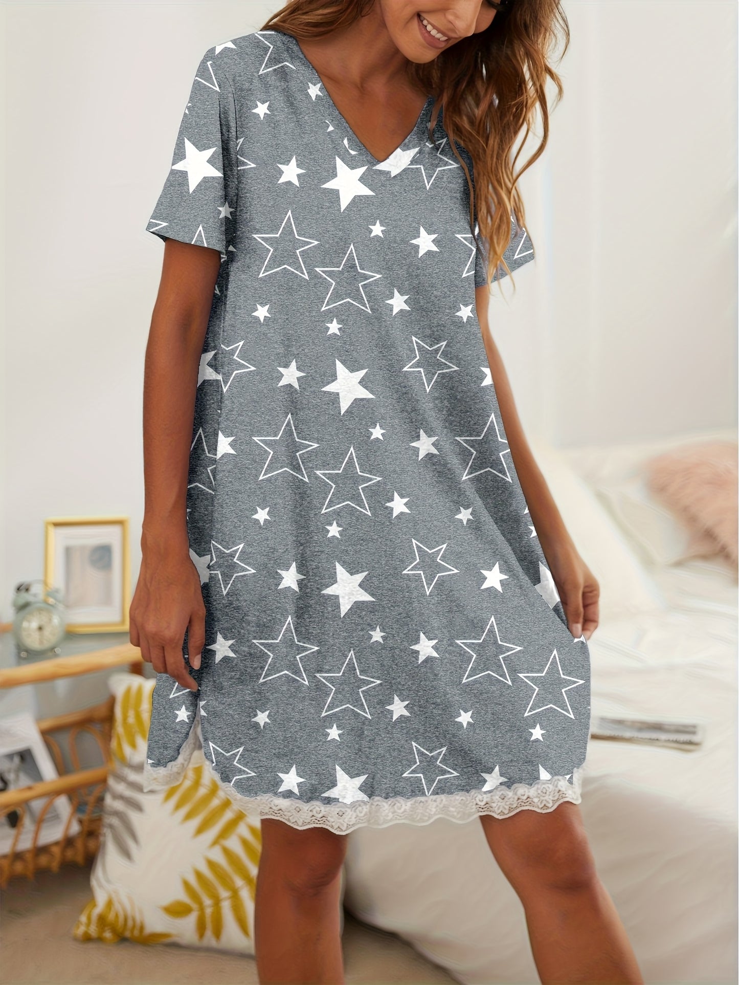 Gray V - Neck Short - Sleeve Star - Print Dress with Lace Trim: This Dress Features A Charming Star Pattern, A Flattering V - Neck, And Delicate Lace At The Hem. Perfect for A Cozy And Stylish Look.