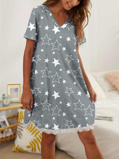 Gray V - Neck Short - Sleeve Star - Print Dress with Lace Trim: This Dress Features A Charming Star Pattern, A Flattering V - Neck, And Delicate Lace At The Hem. Perfect for A Cozy And Stylish Look.