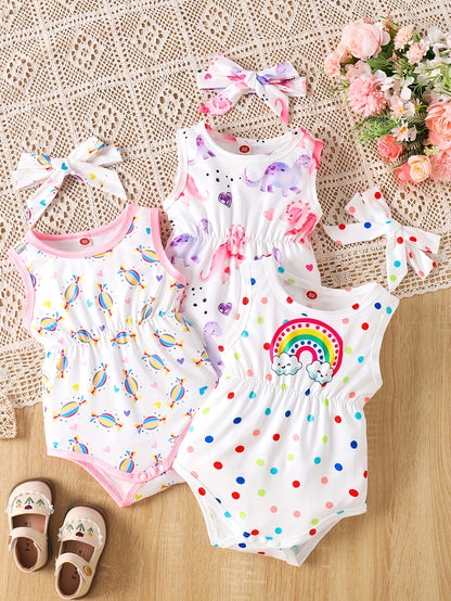 3pcs Cartoon Print Sleeveless Triangle Romper Suit + Headband for Girls, All-season, Polyester Knit Fabric, Regular Fit, Basic Style, for Outdoor, Perfect for Outdoor