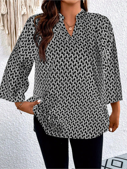 Plus Size, Plus Size Casual Top, Women's Plus Size Allover Print Roll Sleeve Split Neck Tunic Top