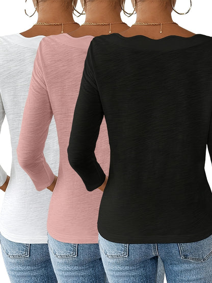 Elegant 3pcs Women'S White Long Sleeve T-Shirts with Curved Wavy Neckline - Casual & Comfy, Perfect for Spring, Summer, Fall & Halloween, Loose Fit, Shoulderless Tops
