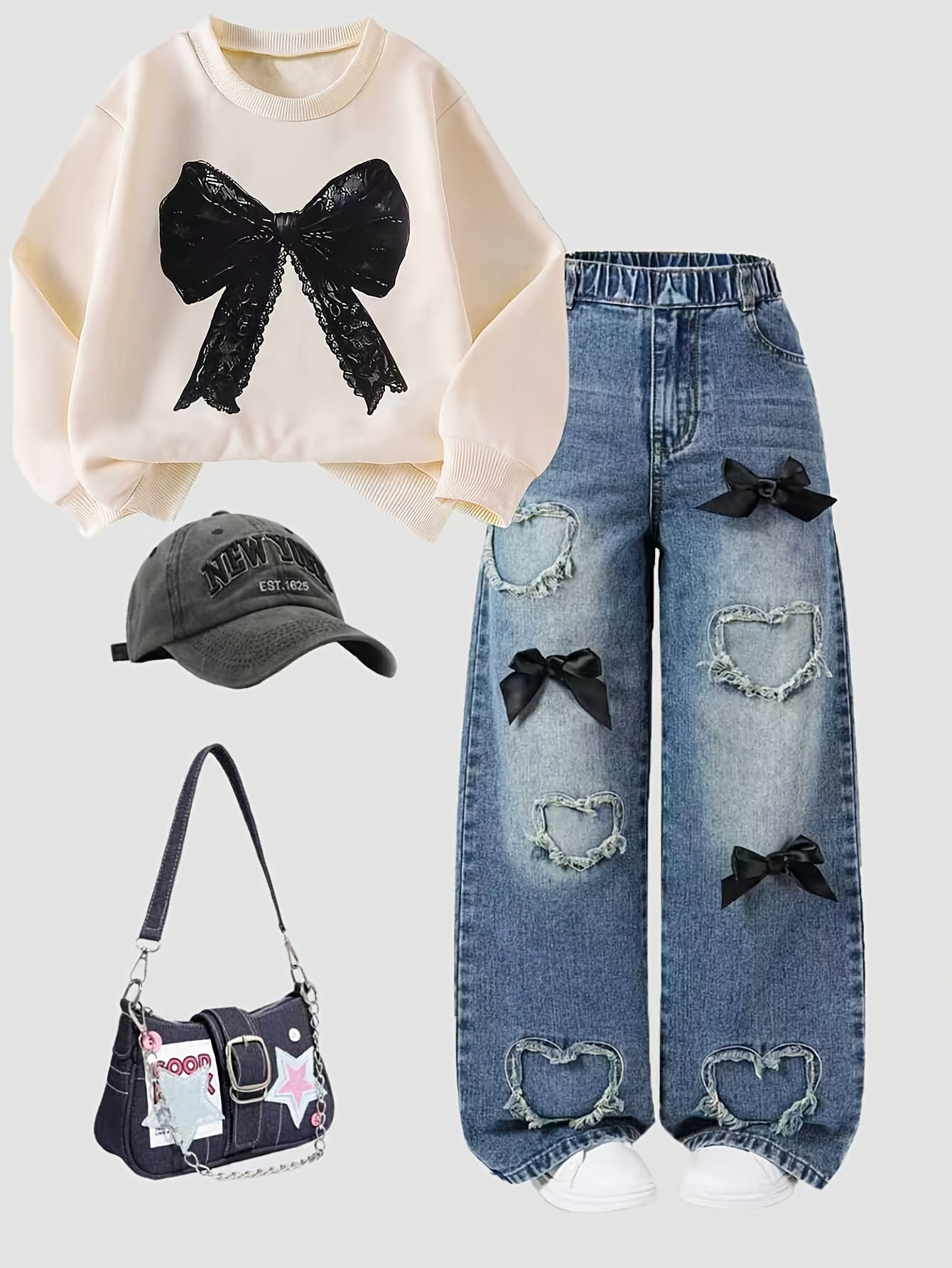 Top + Pants Girls' Clothing 1 Set, Fashion Girl Bow Pattern Sports Sweatshirt+Girls Butterfly Heart Denim Jeans Outfit. Back-to-School Season Suit, Campus Style for Kids, 4-Season Wearable Casual Streetwear with Comfort and Perfect Fit