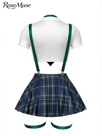 New European And American Style Plus-Size Women'S Cosplay Uniform Set: Plaid Suspender Mini Skirt, Top, Panties, Bow Tie, And Bow Leg Cuffs - 8pcs Set, Laid Skirt Sleeves Uniform Lingerie Set