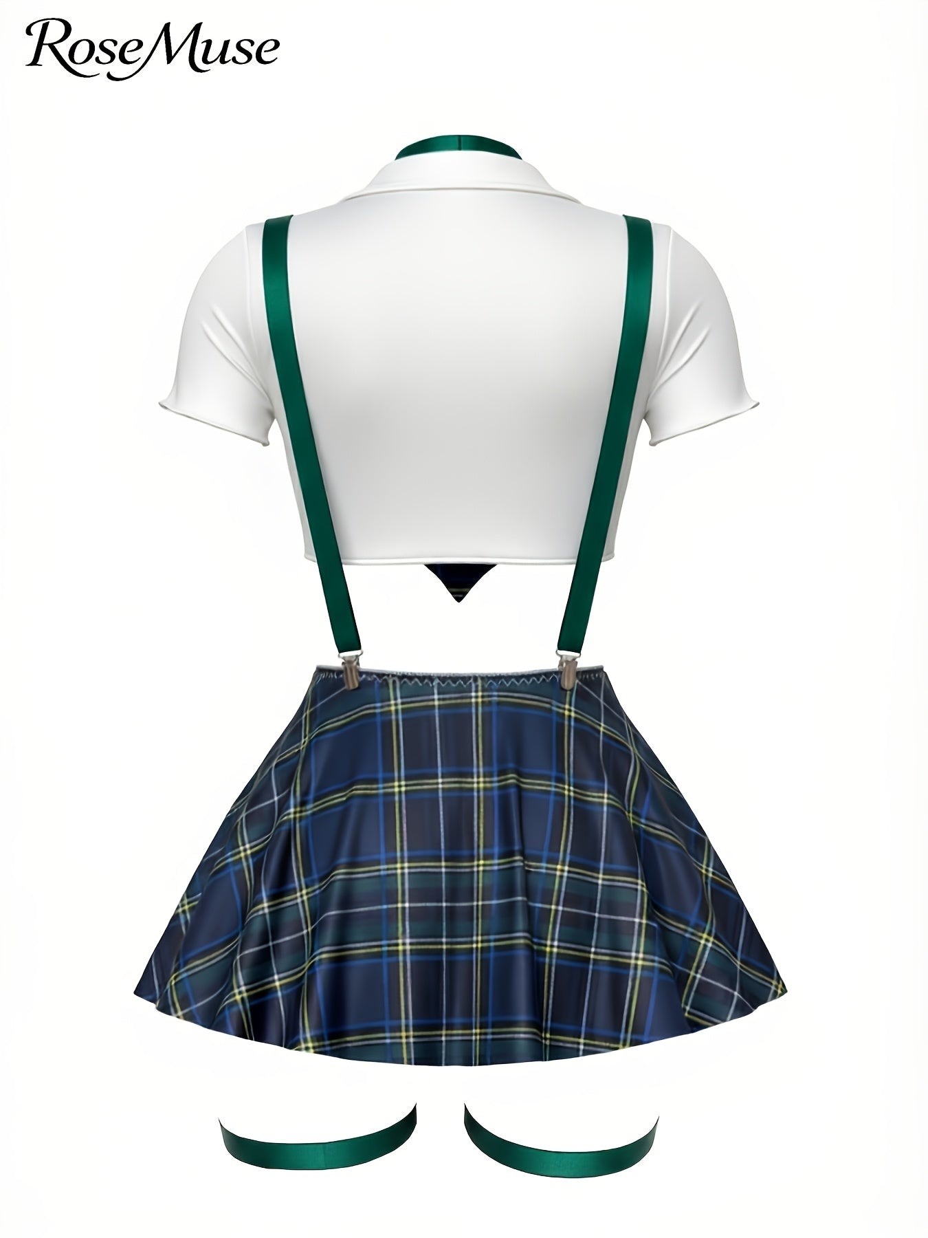 New European And American Style Plus-Size Women'S Cosplay Uniform Set: Plaid Suspender Mini Skirt, Top, Panties, Bow Tie, And Bow Leg Cuffs - 8pcs Set, Laid Skirt Sleeves Uniform Lingerie Set