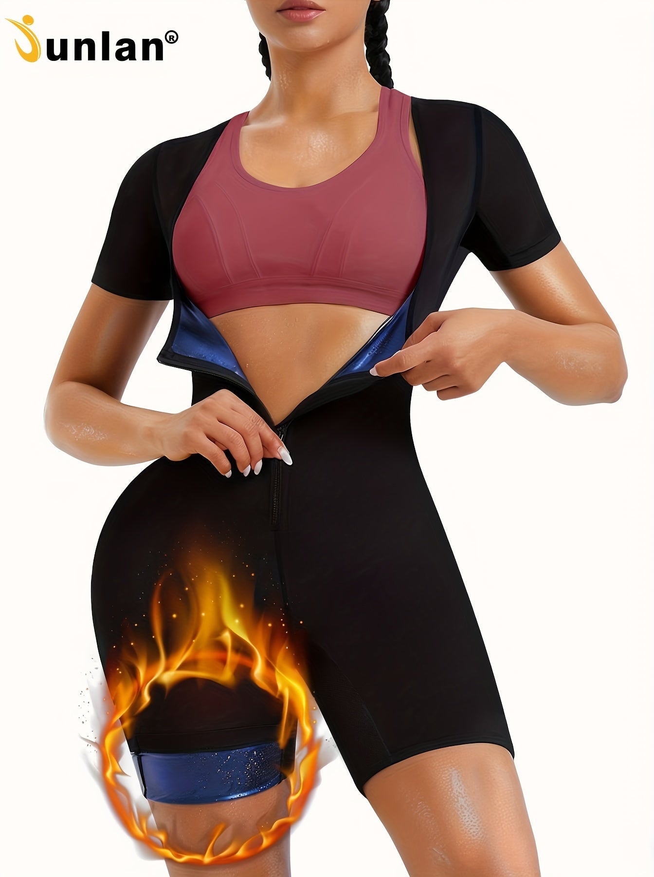 1pc JUNLAN Women' Sauna Suit Full Body Shaper Workout Vest & Shorts - 3-in-1 Waist Trainer, Sweat Vest with Sleeve Top & Shorts, Zipper Closure Tummy Gym Suit for Sauna Training, Fitness, Year-Round Wear (Hand Washable)
