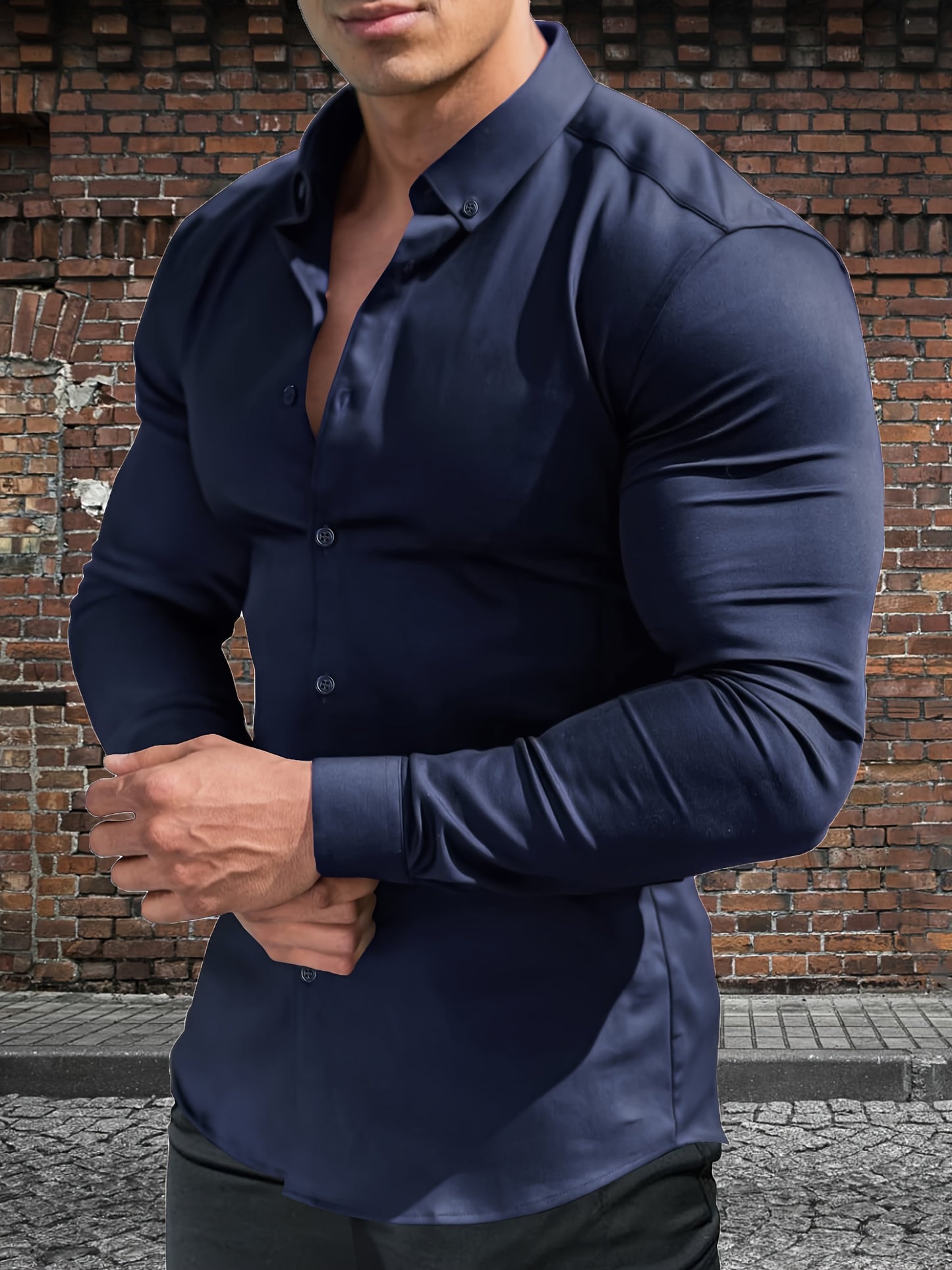URRU Men's Muscle Fit Slim Stretch Dress Shirt - 4-Way Stretch Fabric (65% Rayon/25% Nylon/10% Spandex), Square Collar, Long Sleeve Button- Casual Shirt for All-Season Wear, Machine Washable Solid Color, Versatile Menswear, Classic Collar Design