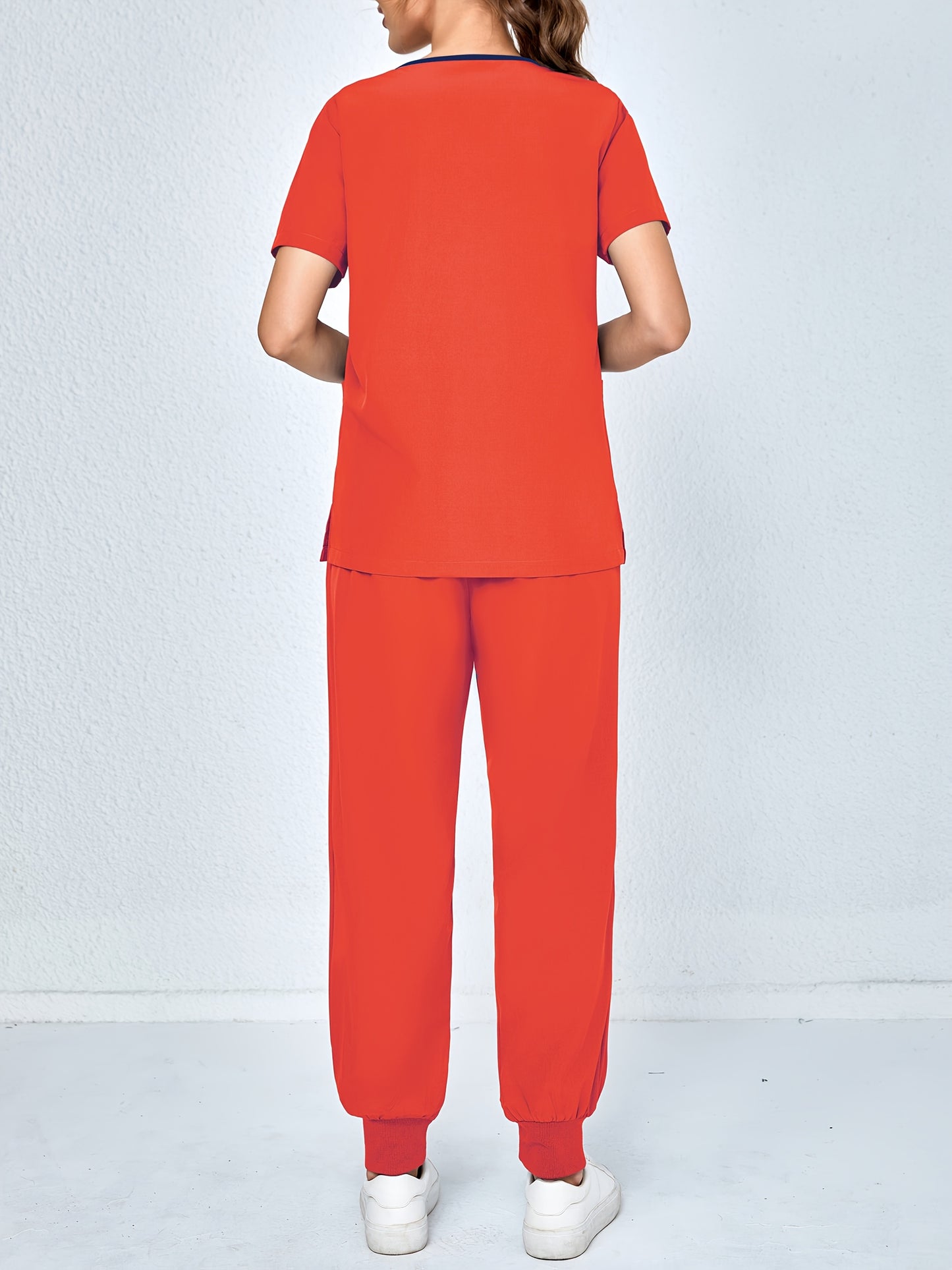 2pcs Set Of Top And Pants, Women's V-neck Frosted Breathable Pocket S Uniform, Brushed Hand Clothes, Work Clothes, Hand Washing Clothes, Pocket Clothes, Leg Binding Pants Set