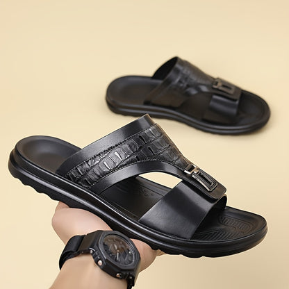 Men's Textured Slide Sandals, Crocodile-Print Straps with Metal Buckle - Minimalist Summer Shoes for Resort & Lounge
