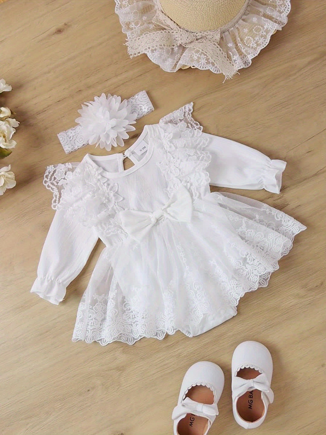 2pcs Baby Girl'S Lace Dress Set, Crew Neck, Long Sleeve, Solid Color, Non-Stretch Fabric, with Contrast Lace Detail, with Matching Floral Headband, for Spring/Fall, Elegant Princess Style Ha Yi Skirt Outfit for Children
