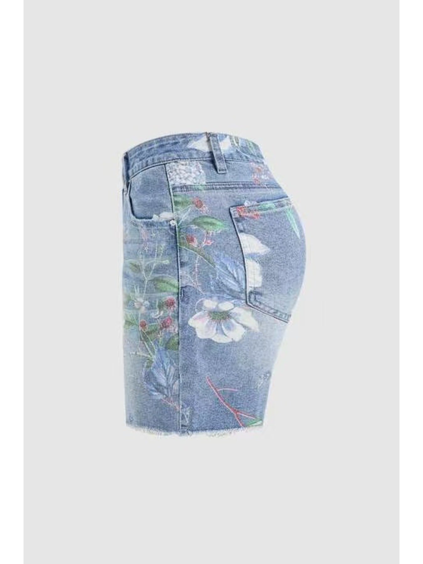 Women' Stretch Denim Shorts - Comfortable Retro Jeans, Floral Prints, Cinched Waist and High-waisted Design, Perfect for Spring and Summer.