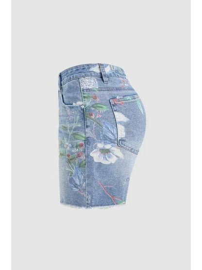 Women' Stretch Denim Shorts - Comfortable Retro Jeans, Floral Prints, Cinched Waist and High-waisted Design, Perfect for Spring and Summer.