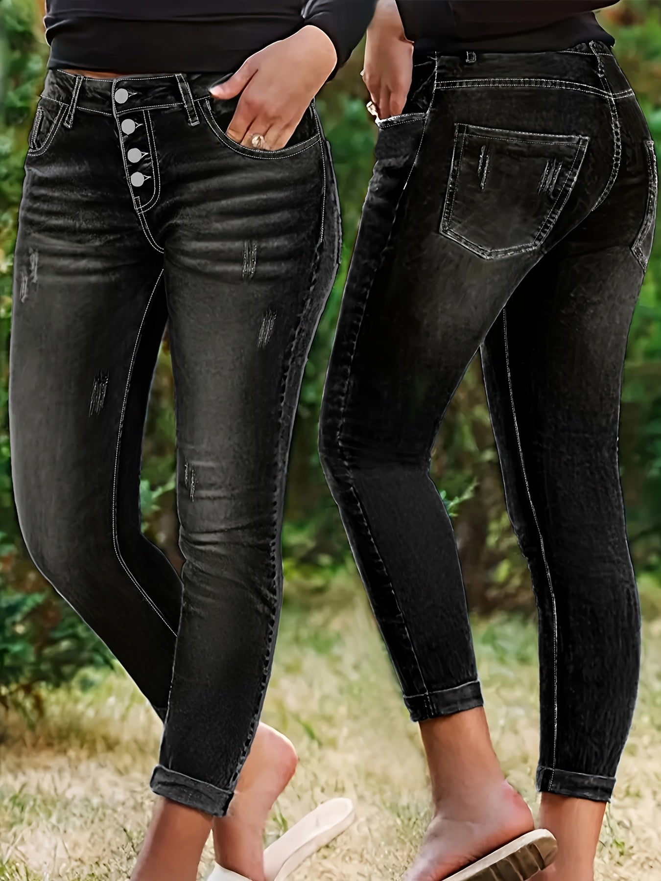 Plus Size Women's High Waist High Elastic Blue Distressed Denim Skinny Pants - Front Row Buttons, Rolled Hem, Retro Casual Oversized Comfort Trousers