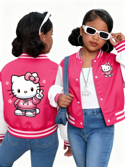 Sanrio Hello Kitty Girls' Cute Kawaii Jacket - Double-Sided Hello Kitty Print Varsity Coat with Button Closure, Warm Winter Outerwear Suitable for, Playdates & Themed Parties (Iconic KT Character)