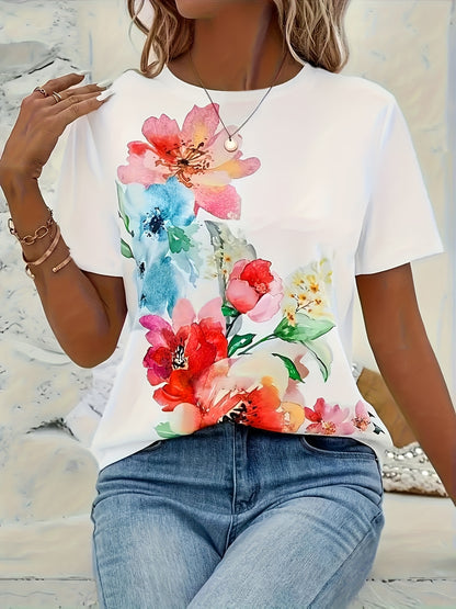 Plus Size, Women's Elegant Full-Body Floral Print T-Shirt - Short Sleeve Crew Neck Blouse, Plus Size Available, All-Season Casual & Dressy Outfits, Machine Washable Elegant Style Top